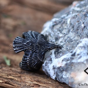Viking Raven Ring, Flying Raven Black Steel Ring, Odin's Ravens Hugin and Munin Ring, Norse Mythology Viking Ring, Viking Jewelry