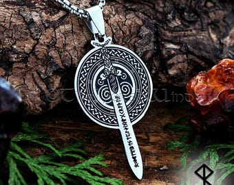 Viking Sword Necklace, Norse Warriors Runes Pendant, Stainless Steel Viking Shield Amulet, Scandinavian Jewelry, Norse Mythology Gift