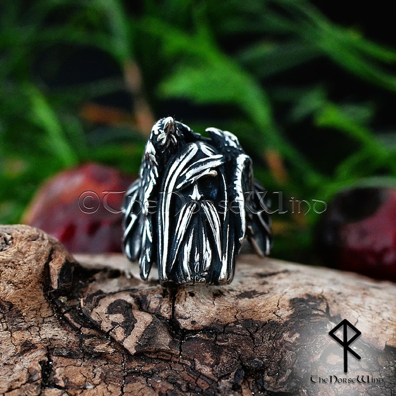 Odin and Ravens Viking Ring | Handcrafted Norse Raven Ring with Celtic Knotwork | Solid Stainless Steel Norse Jewelry for Men