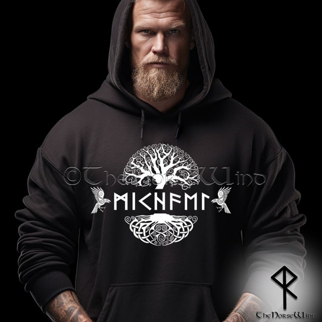 Viking Hoodie Personalized Norse Runes Sweatshirt, Yggdrasil Tree with Twin Ravens Hoodie, Viking Clothes, Norse Mythology, S-5XL
