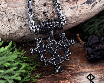 Viking Necklace Thor's Hammer with Raven Head & Celtic Knots, Norse Mjolnir Pendant in Gunmetal Stainless Steel, Men's Viking Jewelry