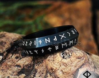 Viking Runic Band Ring, Elder Futhark Runes Ring, Norse Wedding Band, Black Stainless Steel Viking Ring, Handfasting Viking Gift