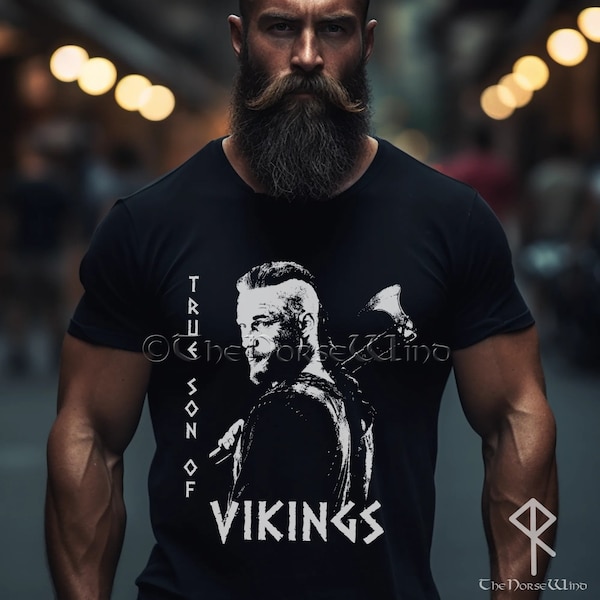 Viking T-Shirt, True Son of Vikings Ragnar Lothbrok Axe Tee, Black Biker Viking Ragnar Tshirt / All Sizes S - 5XL, Norse Mythology