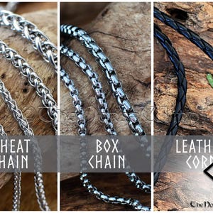 May include: Three different types of chains for necklaces or bracelets: a wheat chain, a box chain, and a black leather cord. The chains are silver and the leather cord is black. The image also includes the text "WHEAT CHAIN", "BOX CHAIN", and "LEATHER CORD".