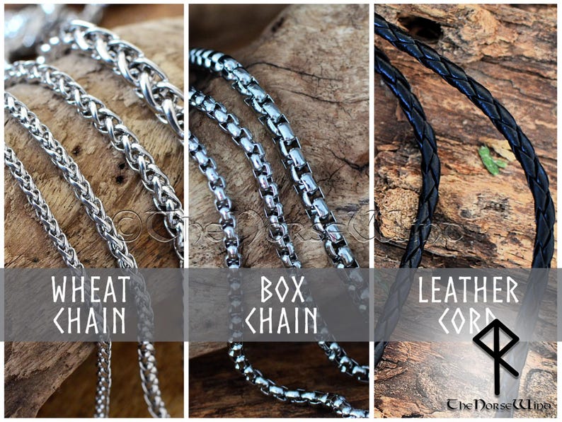 May include: Three different types of chains for necklaces or bracelets: a wheat chain, a box chain, and a black leather cord. The chains are silver and the leather cord is black. The image also includes the text "WHEAT CHAIN", "BOX CHAIN", and "LEATHER CORD".
