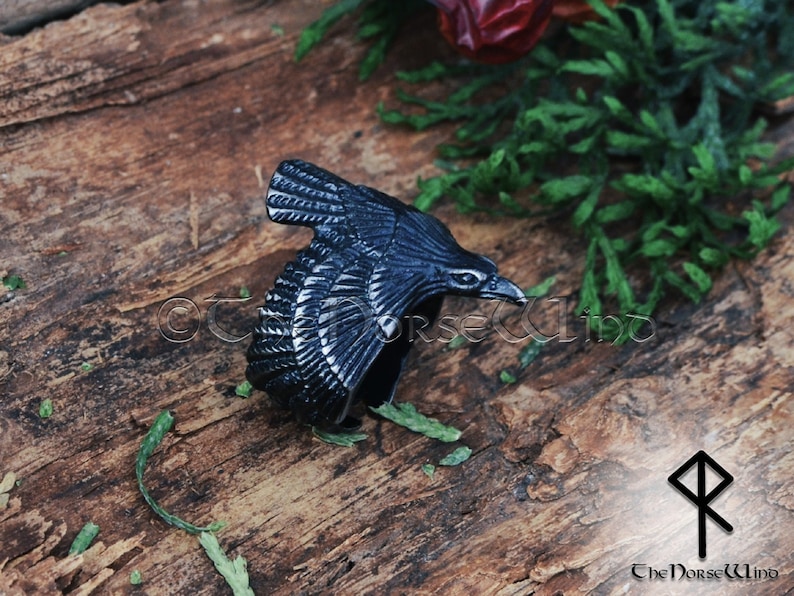 Viking Raven Ring, Flying Raven Black Steel Ring, Odin's Ravens Hugin and Munin Ring, Norse Mythology Viking Ring, Viking Jewelry