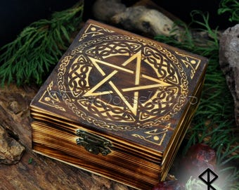 Keltische knoop pentagram altaardoos, gesneden houten kist, Noorse heks pentagram heidens decor, Wicca opbergdoos voor runen, spreuken en tarotdoos