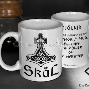 Thor&#39;s Hammer Viking Mug, Mjolnir Skål Coffee Mug, Norse Runes Asatru Cup, Viking Warriors Gift, Norse Mythology Mug, 11oz White Ceramic Mug