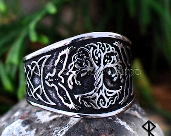 Viking Yggdrasil Ring with Hugin and Munin Ravens, Norse Tree of Life Stainless Steel Flying Ravens Ring, Celtic Knotwork Viking Jewelry