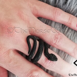 K&ouml;nnte beinhalten: Ein schwarzer Schlangenring mit strukturierter Oberfl&auml;che. Der Ring wird an einem Finger getragen und umschlie&szlig;t den Finger.