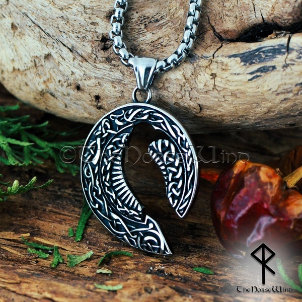 Viking Raven Necklace, Hugin Munin Pendant with Celtic Knots Engraving, Solid Stainless Steel Odin Amulet, Norse Mythology, Viking Jewelry