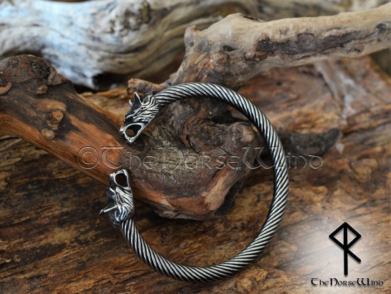 Stainless Steel Small Wolf Head Torc Bracelet - Norse Spirit