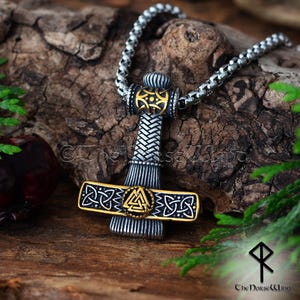 Viking Mjolnir Necklace, Thor&#39;s Hammer Pendant with Valknut Symbol & Celtic Knotwork, 14K Gold Plated Stainless Steel Norse Viking Jewelry