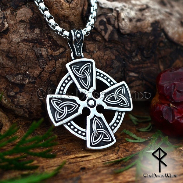 Celtic Cross Necklace, Celtic Knot Triquetra Pendant, Irish Cross Men's Viking Necklace, Solid Stainless Steel, Viking Jewelry