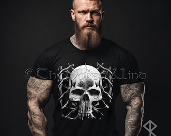 Camiseta gótica con calavera, camiseta para hombre con calavera nórdica en árboles, camiseta unisex para moteros, ropa grunge oscura, tallas S-5XL