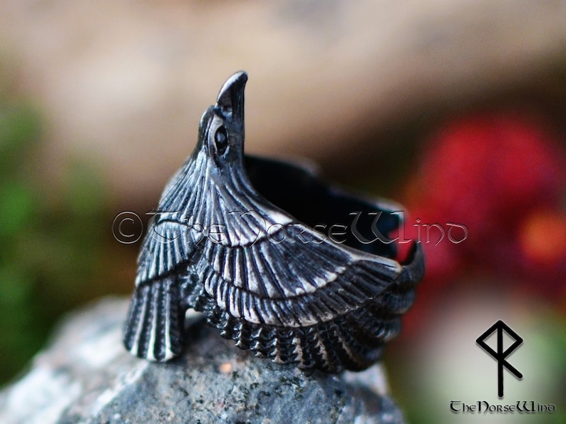 Viking Raven Ring, Flying Raven Black Steel Ring, Odin's Ravens Hugin and Munin Ring, Norse Mythology Viking Ring, Viking Jewelry image 1