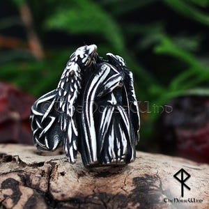 Odin and Ravens Viking Ring | Handcrafted Norse Raven Ring with Celtic Knotwork | Solid Stainless Steel Norse Jewelry for Men