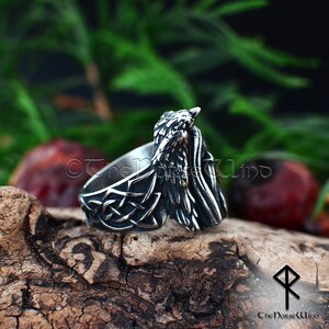 Odin and Ravens Viking Ring | Handcrafted Norse Raven Ring with Celtic Knotwork | Solid Stainless Steel Norse Jewelry for Men