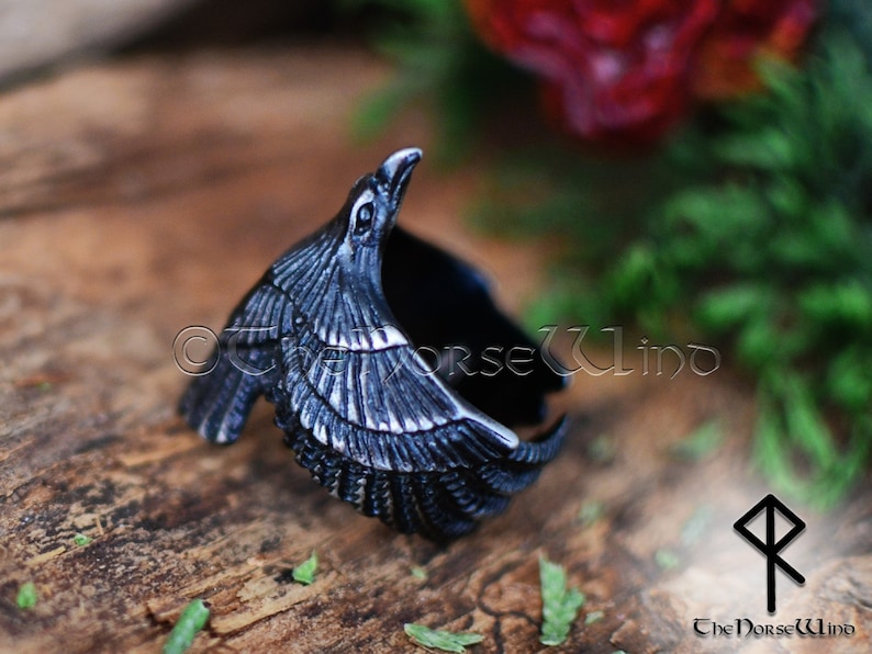 Viking Raven Ring, Flying Raven Black Steel Ring, Odin's Ravens Hugin and Munin Ring, Norse Mythology Viking Ring, Viking Jewelry image 8