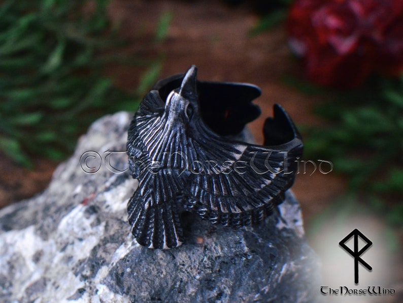 Viking Raven Ring, Flying Raven Black Steel Ring, Odin's Ravens Hugin and Munin Ring, Norse Mythology Viking Ring, Viking Jewelry image 3