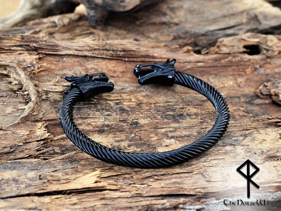 Viking Bracelet Nidhogg Dragon Head Torc, Black Stainless Steel