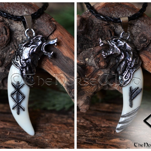 Collier rune viking, pendentif sculpté tête de loup Fenrir, amulette de protection des os en résine, bijoux celtiques, mythologie nordique, bijoux viking