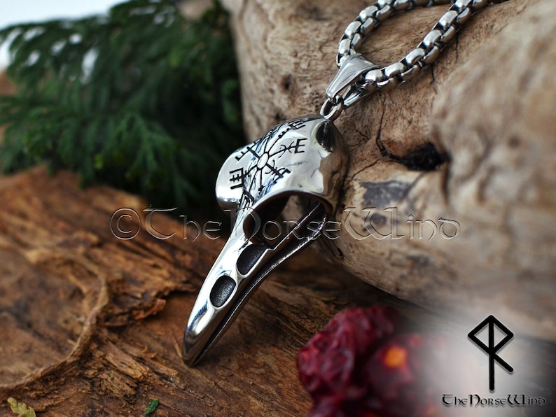 Viking Raven Skull Necklace with Vegvisir Symbol, Hugin and Munin Viking Compass Pendant, Stainless Steel Viking Jewelry, Norse Mythology