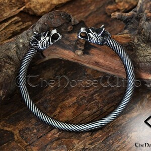 Viking Bracelet, Fenrir Wolf Head Arm Ring, Steel Viking Torque, Viking Wolf Torc, Norse Ragnar Bracelet, Norse Mythology, Viking Jewelry image 4