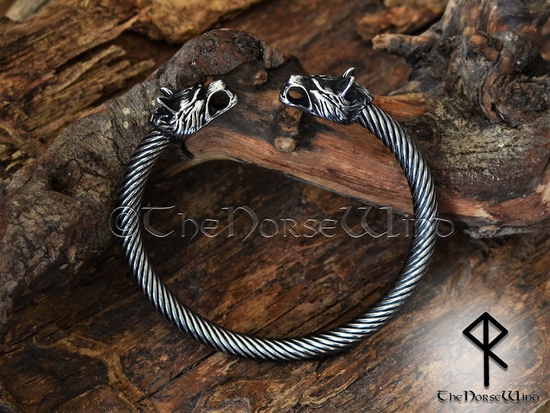 Viking Bracelet, Fenrir Wolf Head Arm Ring, Steel Viking Torque, Viking Wolf Torc, Norse Ragnar Bracelet, Norse Mythology, Viking Jewelry image 4