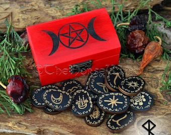 Witches Runes Set in Hecate Pentagram Box | Pagan Divination Kit | Wicca Gift for Witchcraft Rituals