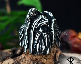 Odin and Ravens Viking Ring | Handcrafted Norse Raven Ring with Celtic Knotwork | Solid Stainless Steel Norse Jewelry for Men