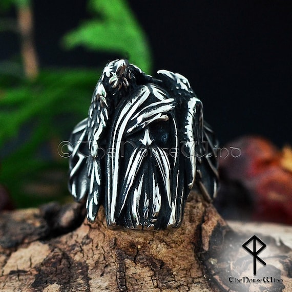 Odin and Ravens Viking Ring | Handcrafted Norse Raven Ring with Celtic Knotwork | Solid Stainless Steel Norse Jewelry for Men