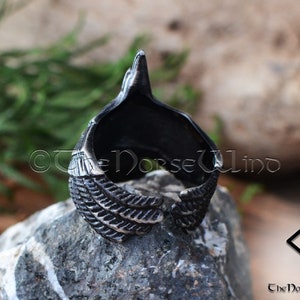 Viking Raven Ring, Flying Raven Black Steel Ring, Odin's Ravens Hugin and Munin Ring, Norse Mythology Viking Ring, Viking Jewelry