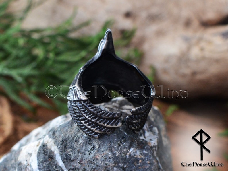 Viking Raven Ring, Flying Raven Black Steel Ring, Odin's Ravens Hugin and Munin Ring, Norse Mythology Viking Ring, Viking Jewelry