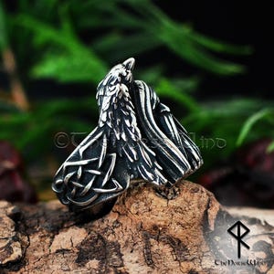 Odin and Ravens Viking Ring | Handcrafted Norse Raven Ring with Celtic Knotwork | Solid Stainless Steel Norse Jewelry for Men