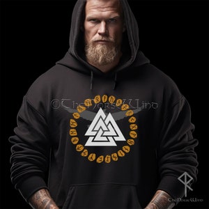 Valknut Viking Hoodie Pullover, Death Knot Runes Sweatshirt with Odin's Raven ,Unisex Hooded Shirt, Viking Clothing, Norse Mythology, S-5XL