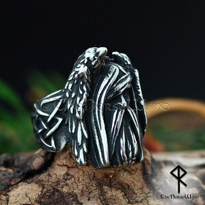 Odin and Ravens Viking Ring | Handcrafted Norse Raven Ring with Celtic Knotwork | Solid Stainless Steel Norse Jewelry for Men