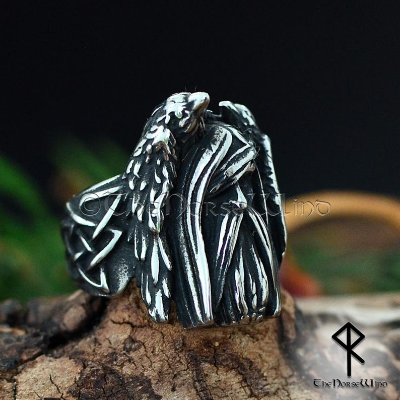 Odin and Ravens Viking Ring | Handcrafted Norse Raven Ring with Celtic Knotwork | Solid Stainless Steel Norse Jewelry for Men