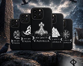 Viking Phone Case, Norse Mythology Symbol Tough Case for iPhone/Samsung, Thor's Hammer/Vegvisir/Valknut/Odin Horns, Mjolnir Viking Gift