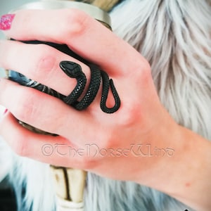 K&ouml;nnte beinhalten: Ein schwarzer Schlangenring mit einem gewundenen Design. Der Ring wird an einem Finger getragen.