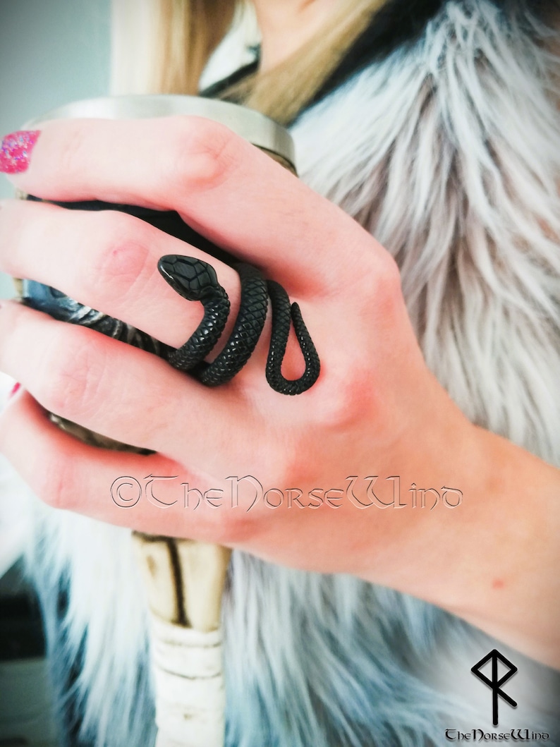 K&ouml;nnte beinhalten: Ein schwarzer Schlangenring mit einem gewundenen Design. Der Ring wird an einem Finger getragen.