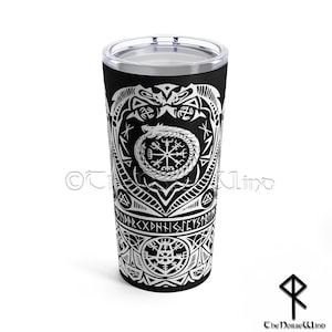 Vegvisir Viking Tumbler Midgard Serpent Norse Drinking Mug 20oz Jörmungandr with Viking Compass Runes Tumbler Norse Mythology Cup