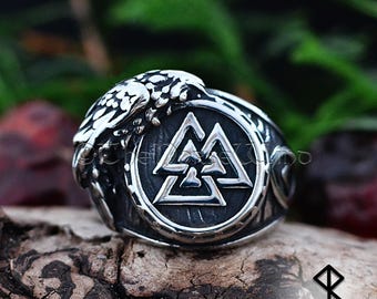 Odin's Viking Ring, Valknut & Raven Ring, Stainless Steel Norse Warrior Jewelry, Norse Mythology Ring with Celtic Knotwork, Viking Men Gift