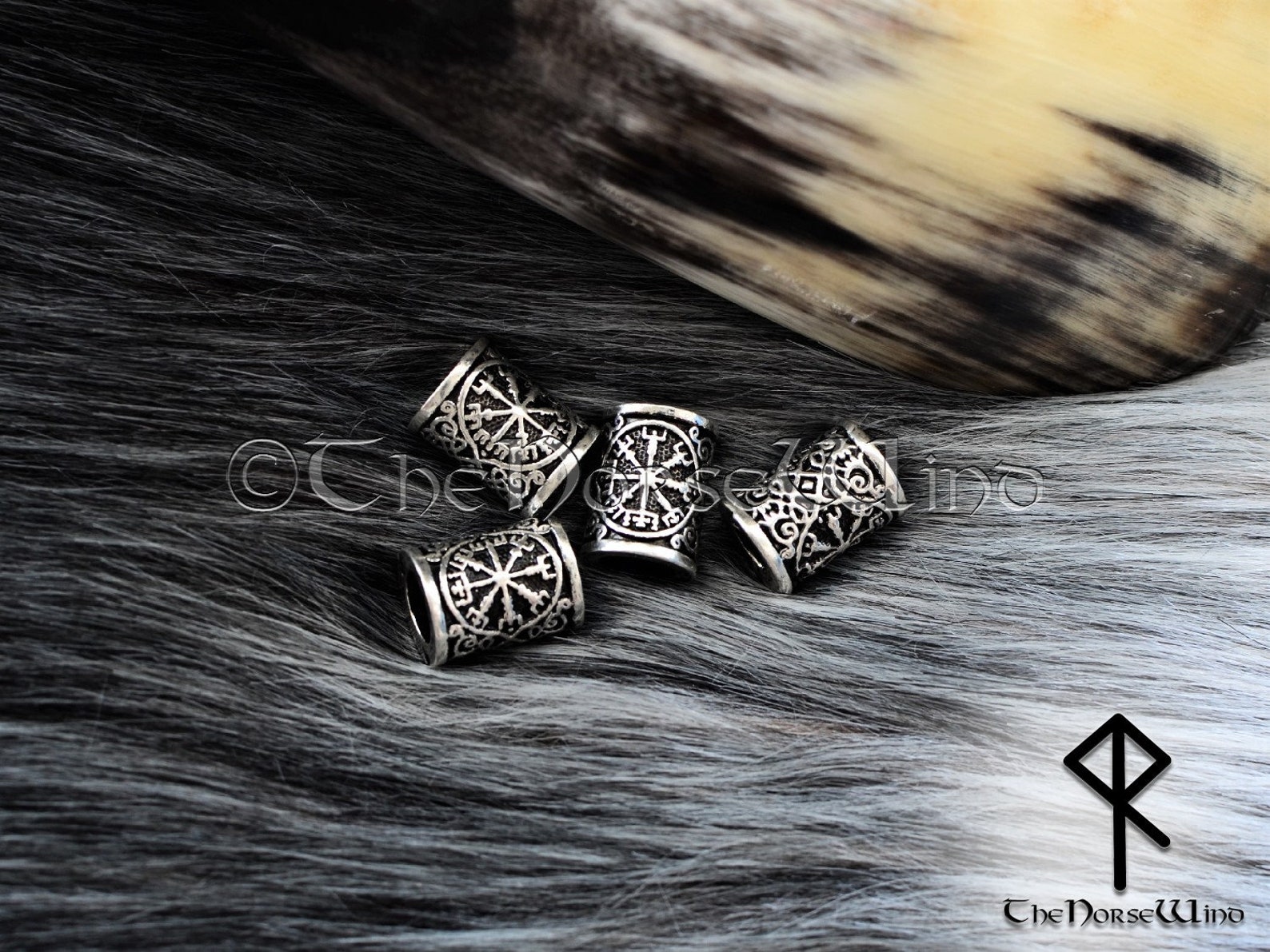thumbnail image 2 of Vegvisir Beard Beads – Viking Compass Norse Runes Hair Rings, Stainless Steel, Handmade In Bulgaria 2 of 6