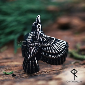 Viking Raven-ring, Odin's Flying Raven roestvrijstalen ring, Hugin en Munin Ravens zilveren ring, Viking-ring Noorse mythologie, Viking-sieraden