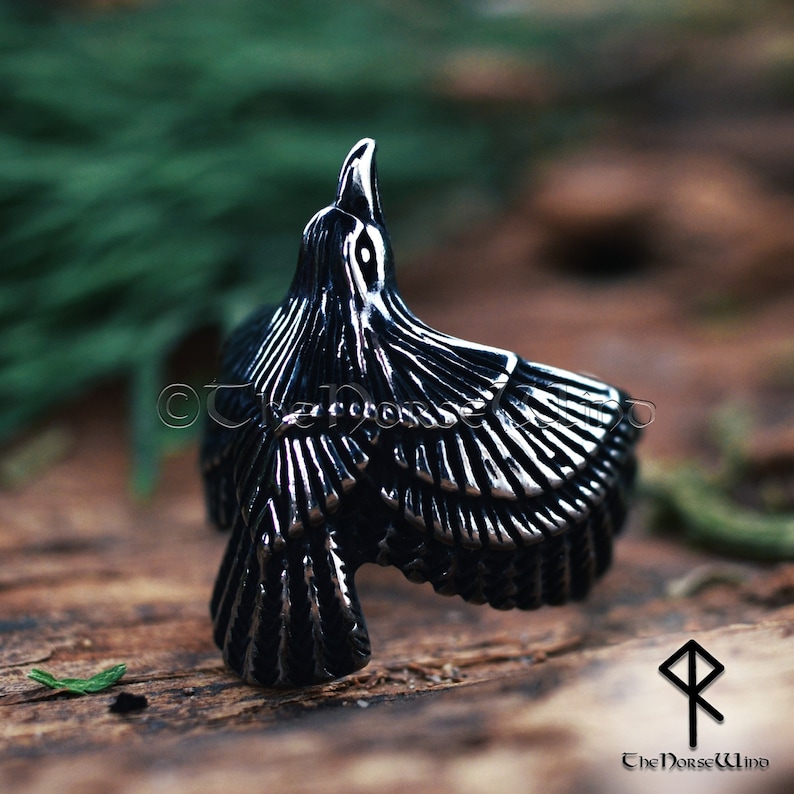 Dual Raven Rings Viking Raven Ring, Odin's Flying Raven Stainless Steel Ring, Hugin and ...