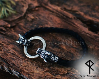 Viking Wolf Bracelet, Fenrir Wolf Heads Leather Bracelet, O Ring Norse Leather Wristband, Steel Viking Jewelry, Norse Mythology