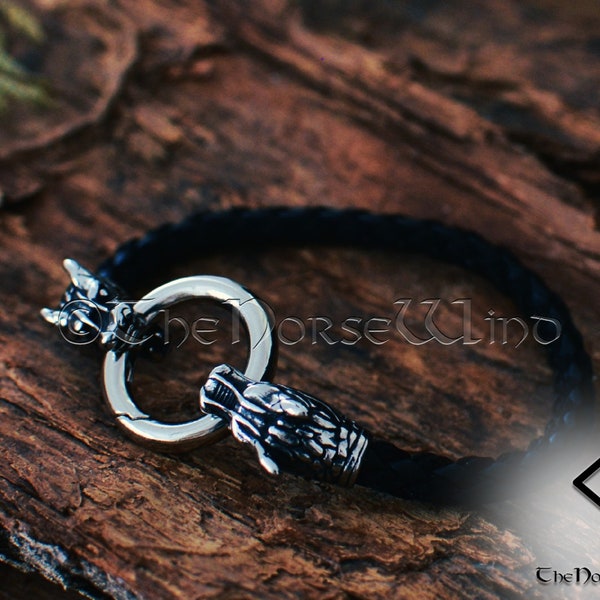 Viking Wolf Bracelet, Fenrir Wolf Heads Leather Bracelet, O Ring Norse Leather Wristband, Steel Viking Jewelry, Norse Mythology