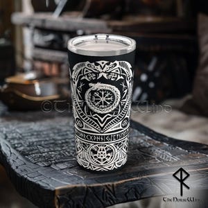 Viking Tumbler Vegvisir Midgard Serpent Norse Drinking Mug, Jörmungandr Tumbler, Viking Compass Runes Tumbler 20oz, Norse Mythology Gift