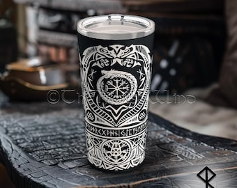 Viking Tumbler Vegvisir Midgard Serpent Norse Drinking Mug, Jörmungandr Tumbler, Viking Compass Runes Tumbler 20oz, Norse Mythology Gift